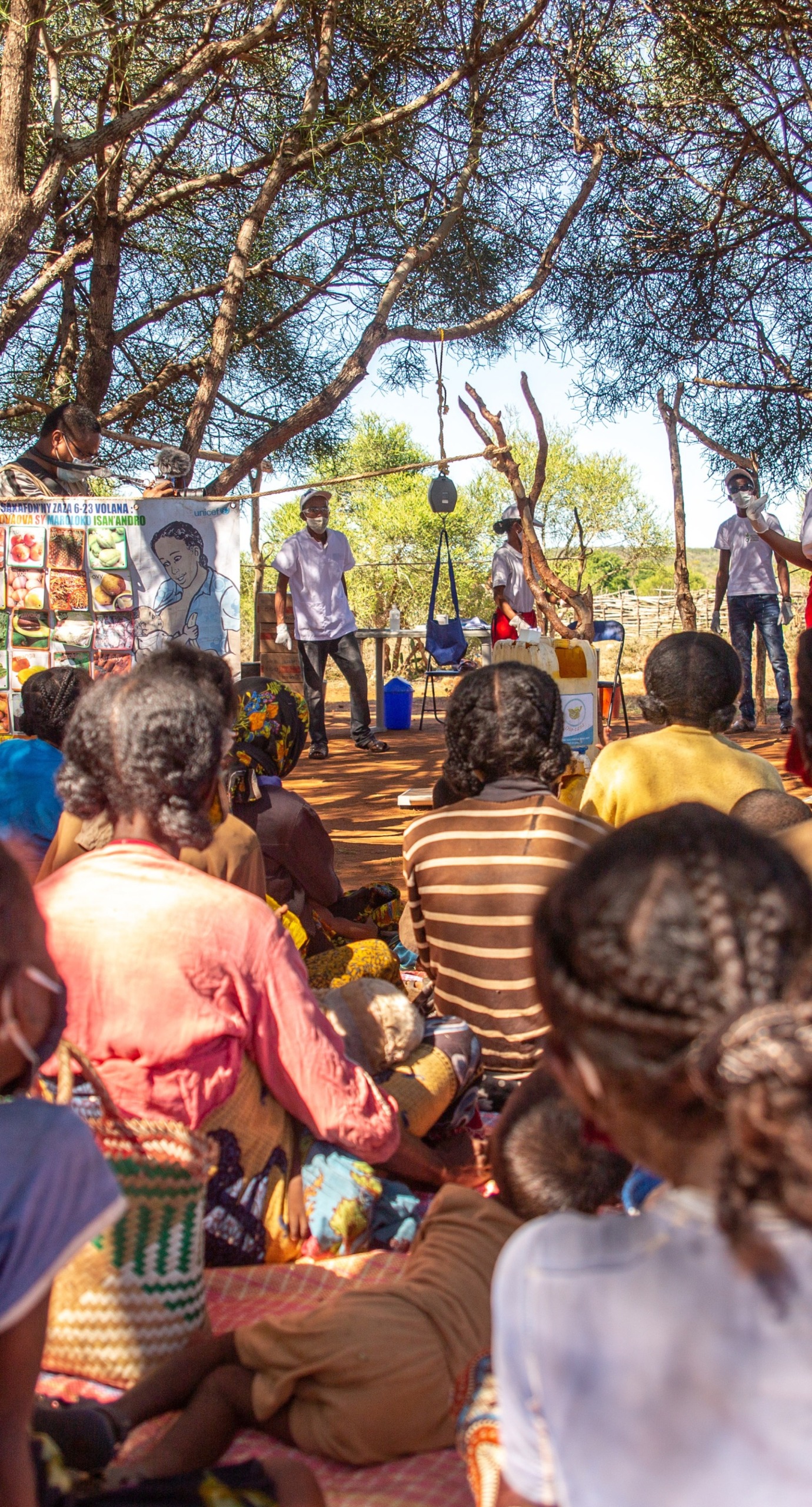 Our mobile response team hosts an education session with mothers of malnourished children.