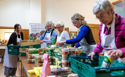 Pantry workers organizing food in Somerset, UK